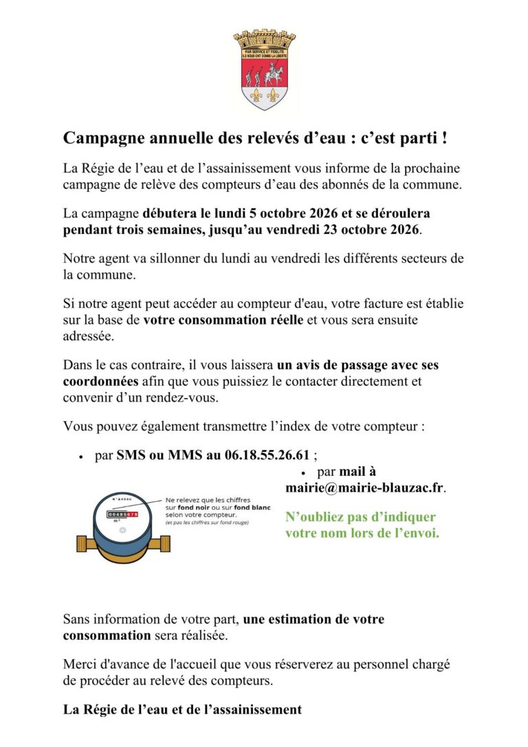 Blauzac campagne octobre 2026 relevés eau